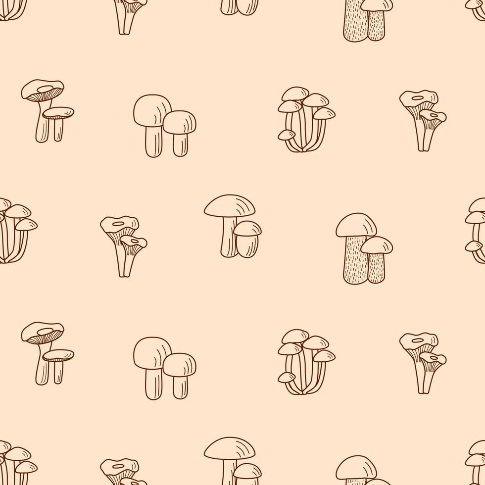 Seamless Pattern Doodle mushroom icons vector. Illustration of boletus, chanterelles, honey agaric, champignons, aspen mushroom and russula vector