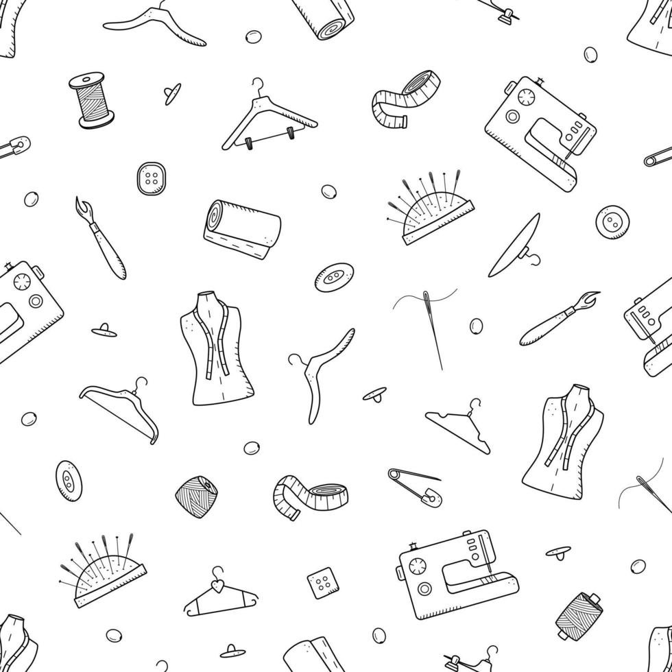 Seamless pattern tools for sewing and needlework. Doodle icon set tailoring, vector illustration