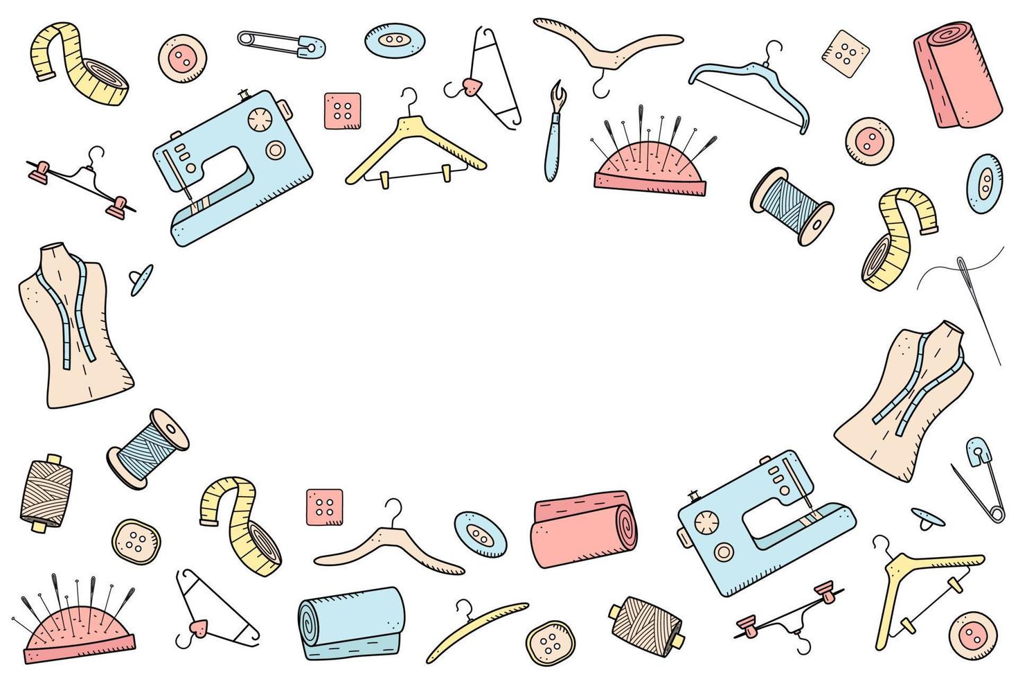 Tools for sewing and needlework. Doodle icon set tailoring, vector illustration thread needles mannequin sewing machine hangers buttons.