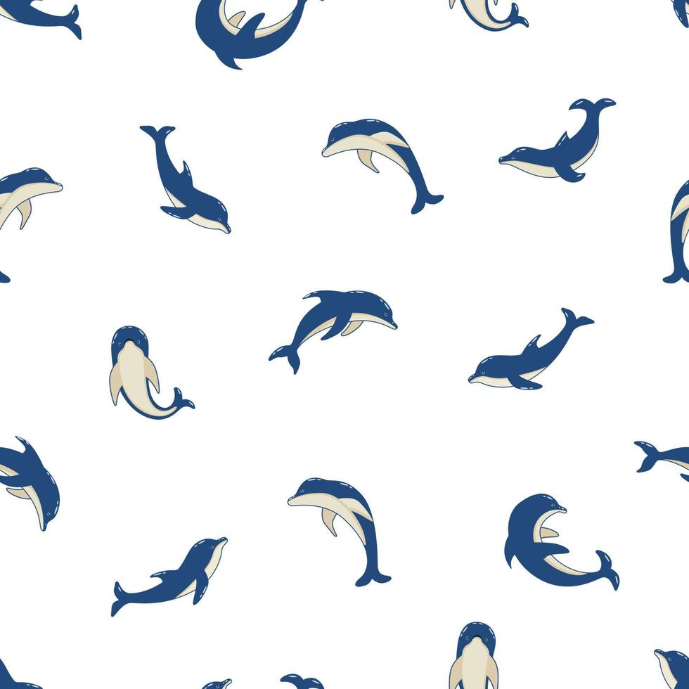Seamless Pattern Set of cartoon dolphins in different poses, vector illustration of marine animals. Painted dolphins swim