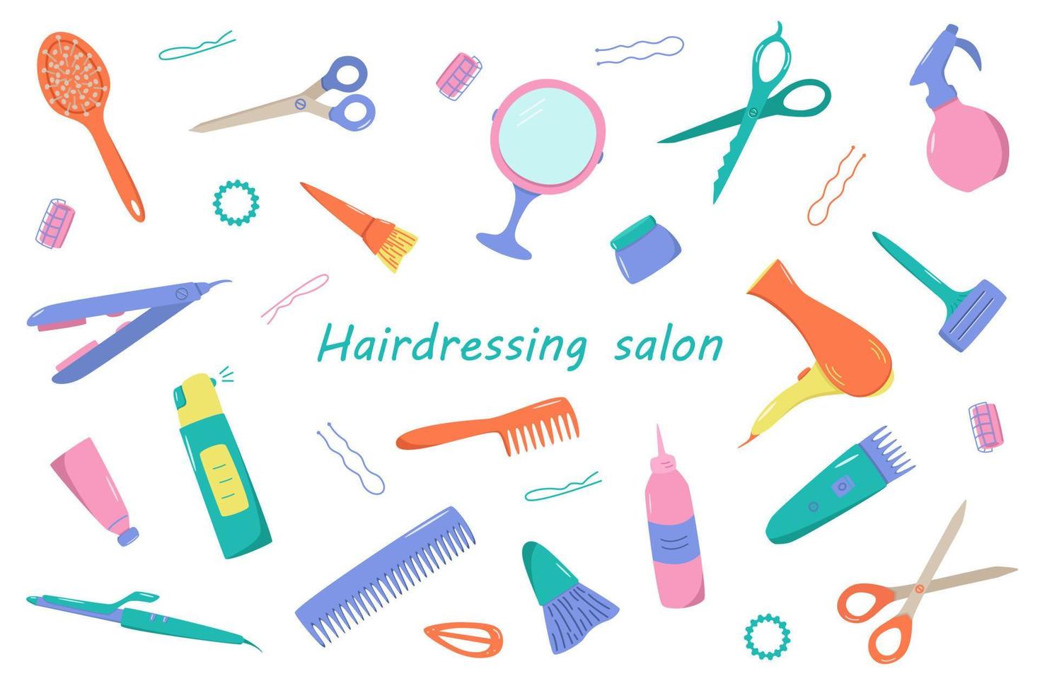 Hairdressing tool kit for beauty salon or home use. Vector illustration of doodle icons for self and hair care. Comb, razor, hair dryer, curling iron and other items