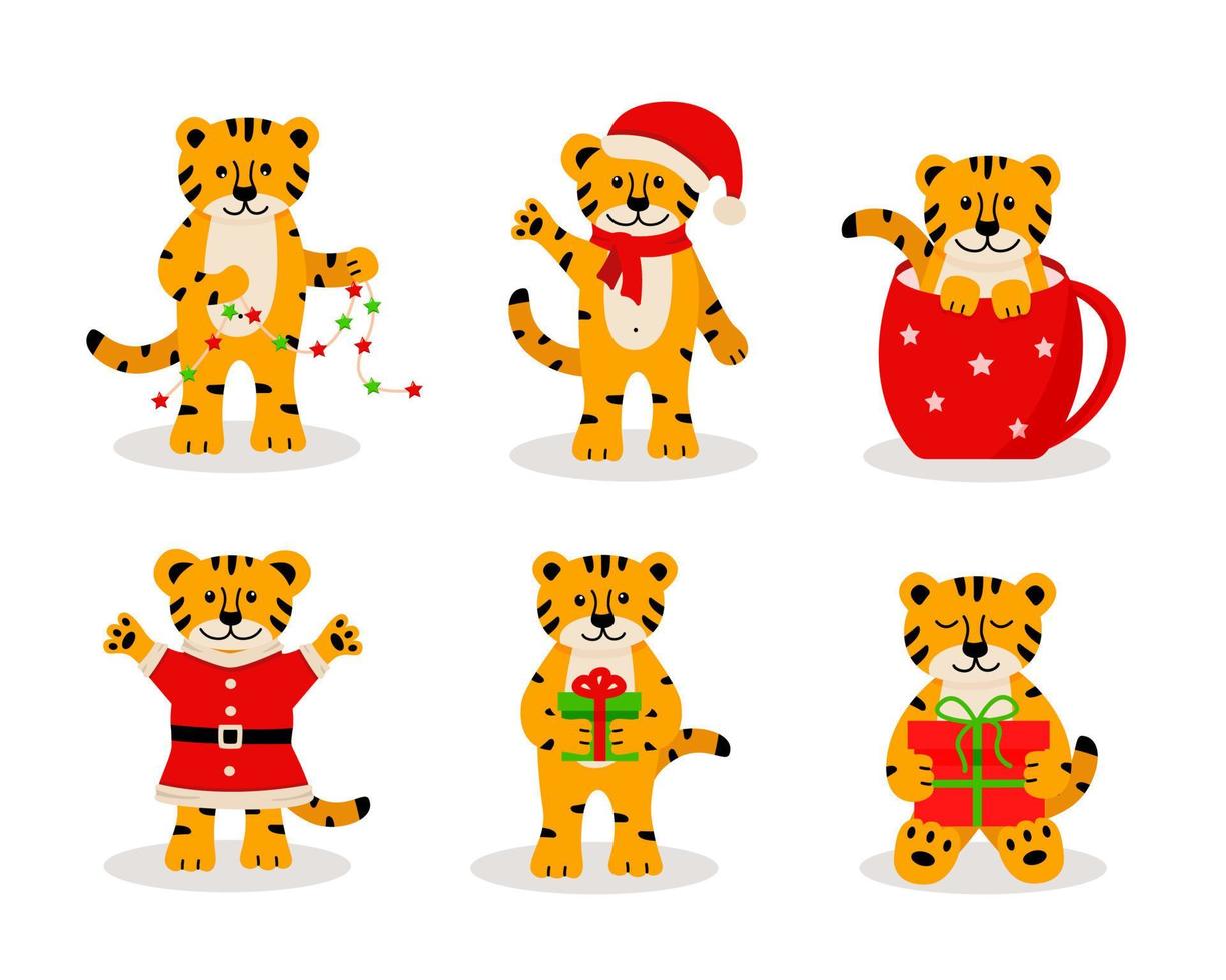 un conjunto de tigre de navidad, lindos símbolos de dibujos animados del año. ilustración vectorial, el concepto de navidad y año nuevo vector