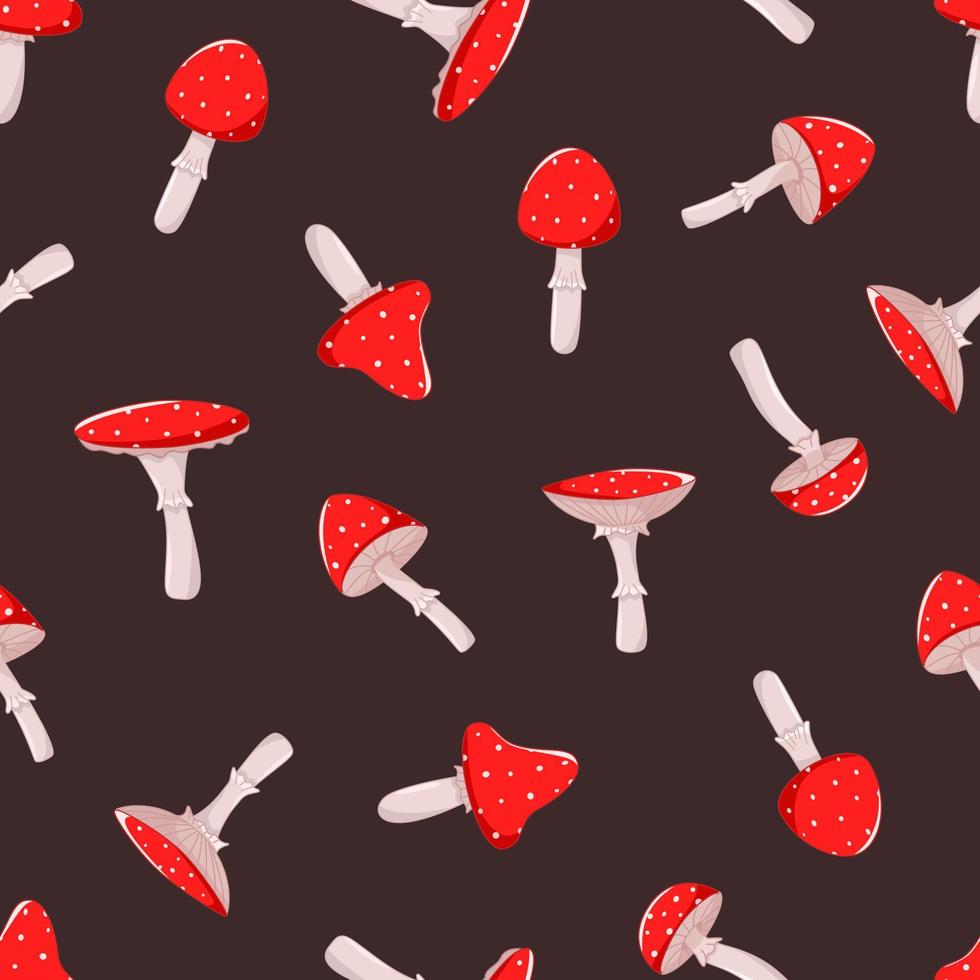 Seamless pattern of poisonous mushroom fly agarics, cartoon background vector