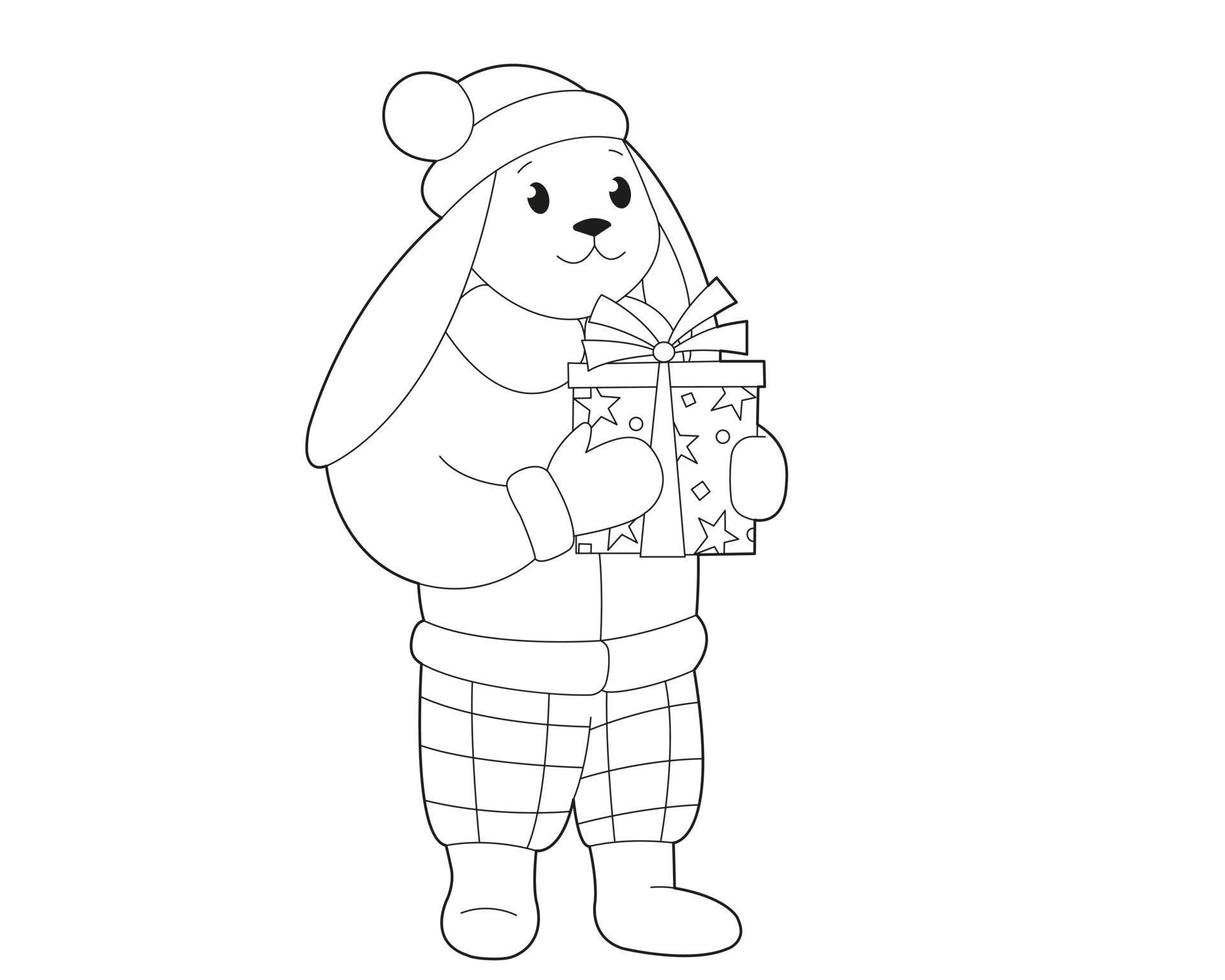 Cute bunny in winter clothes holding gift box. Design element or a page of children's coloring book vector