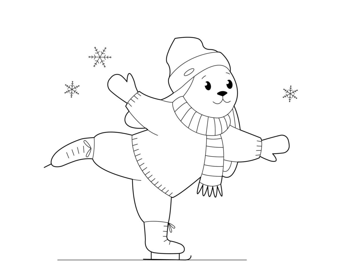 lindo conejito en ropa de invierno está patinando. elemento de diseño o una página de libro para colorear para niños vector