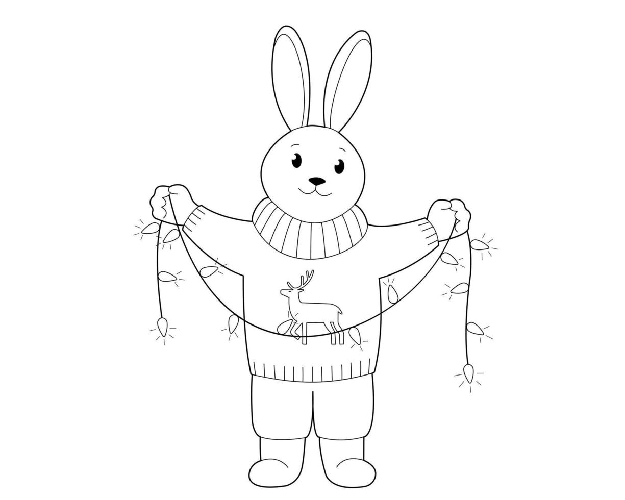 personaje navideño conejo y guirnalda. elemento de diseño o una página de un libro para colorear para niños vector