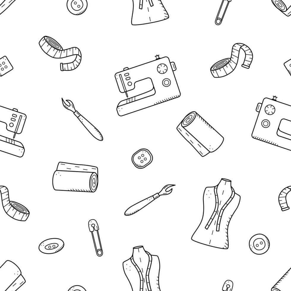 Seamless pattern tools for sewing and needlework. Doodle icon set tailoring, vector illustration