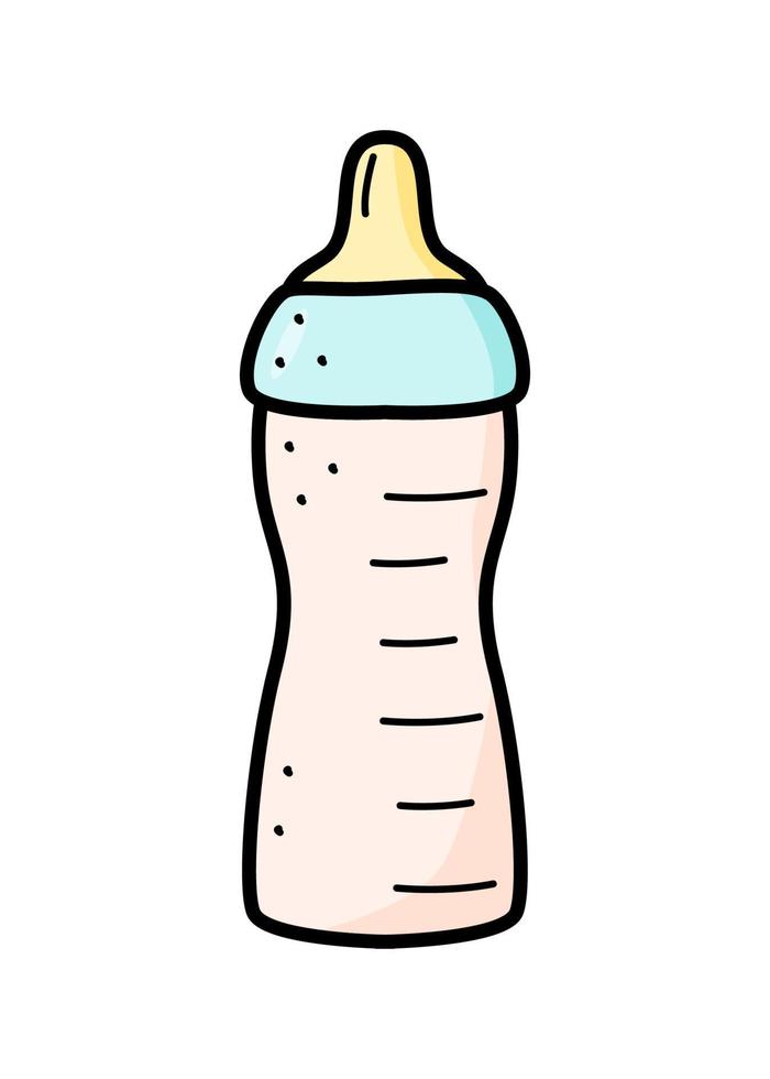 Baby cartoon bottle with a pacifier. Vector doodle illustration of a bottle for feeding a newborn.