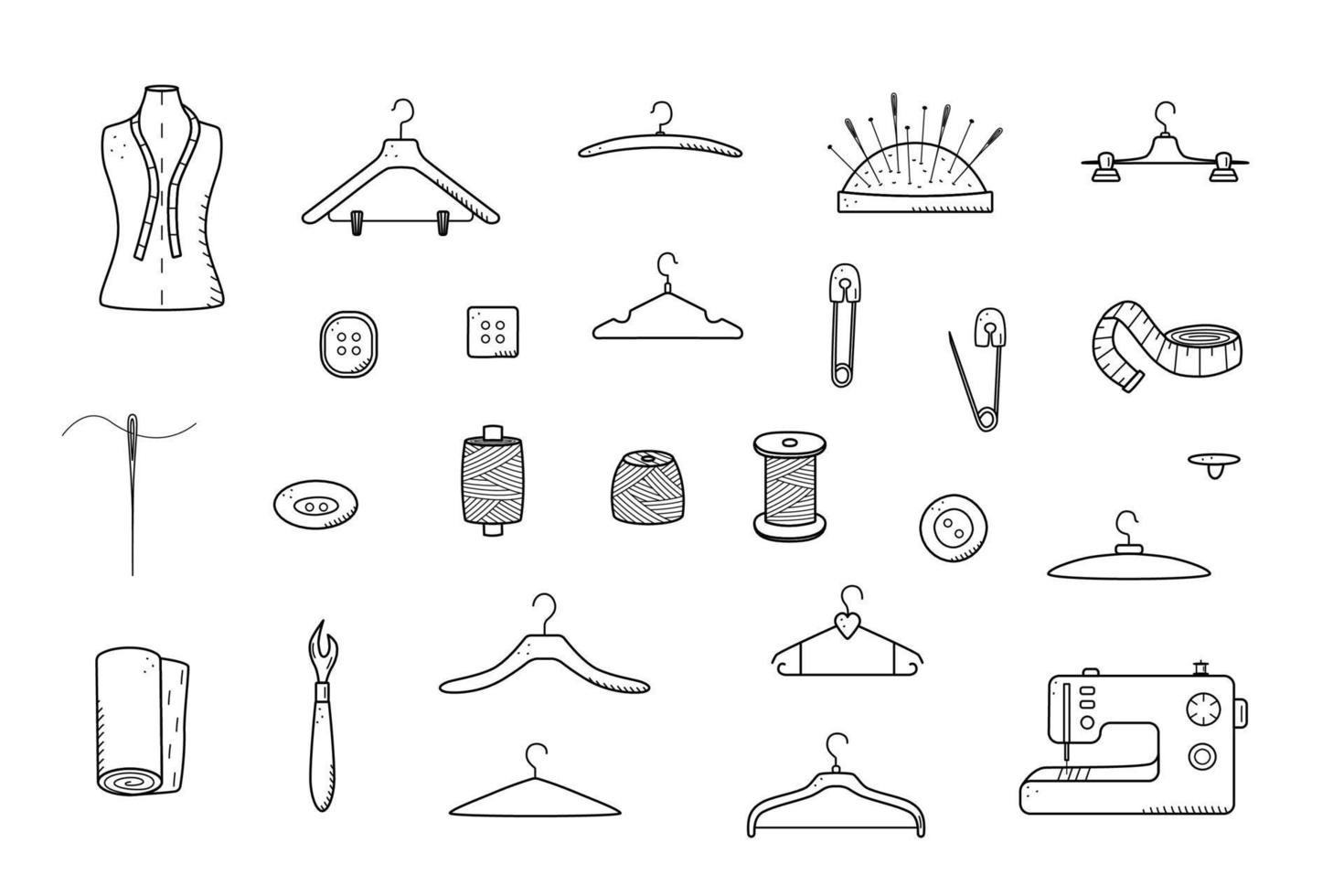 Tools for sewing and needlework. Doodle icon set tailoring, vector illustration thread needles mannequin sewing machine hangers buttons