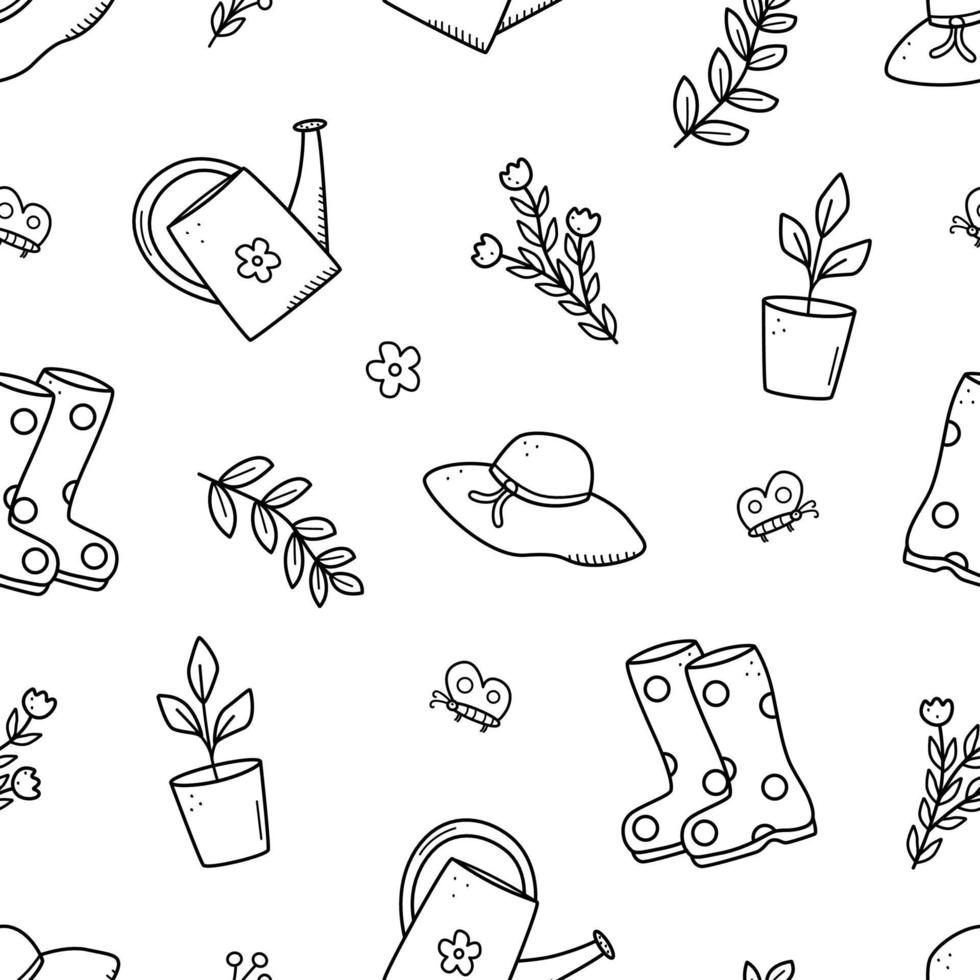 Seamless pattern concept of relaxing in the garden, summer hat rubber boots, seedlings, flowers and butterflies vector doodle illustrations.