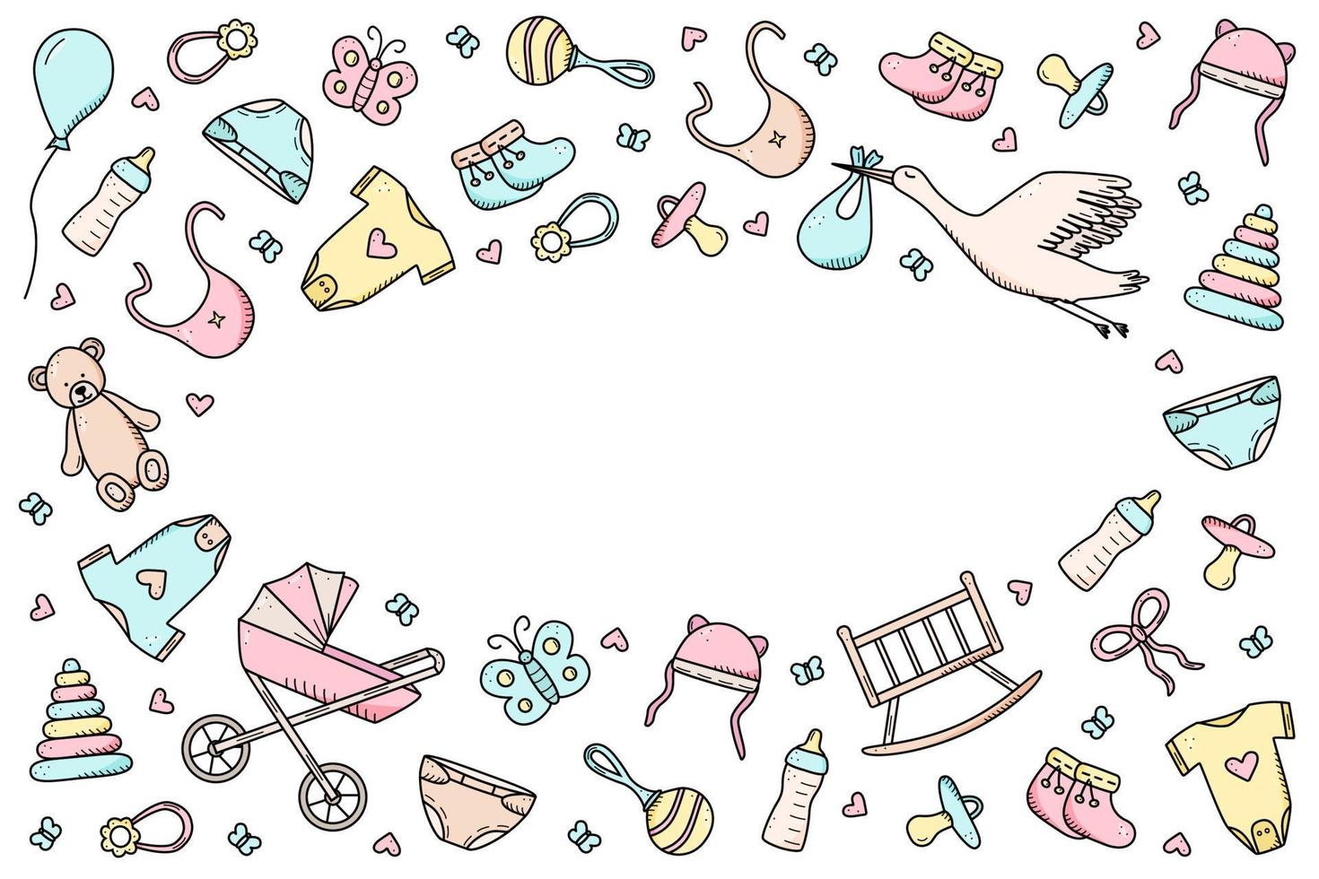 Newborn icons set. Vector illustration of elements for a little baby. baby stroller, baby work, rattles and teddy bear and much more