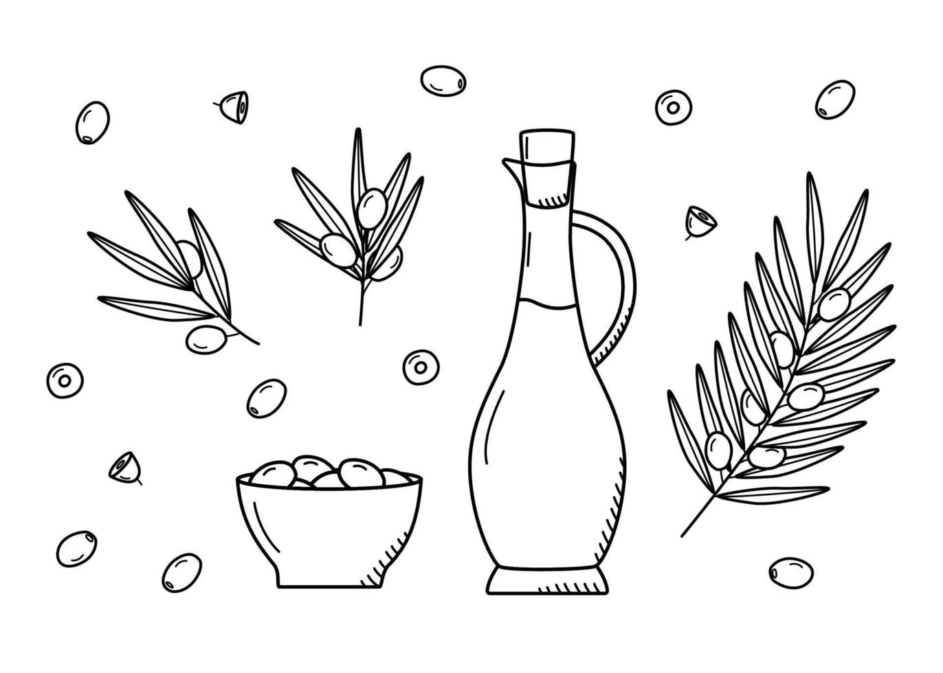 Olives, olive oil and branches with leaves and berries. Vector illustration of a set olives