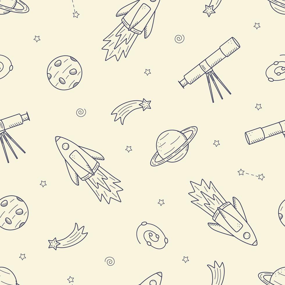 Cosmos doodle is a set of vector illustrations. Seamless pattern icons of space elements rocket cosmonaut stars satellite telescope comet