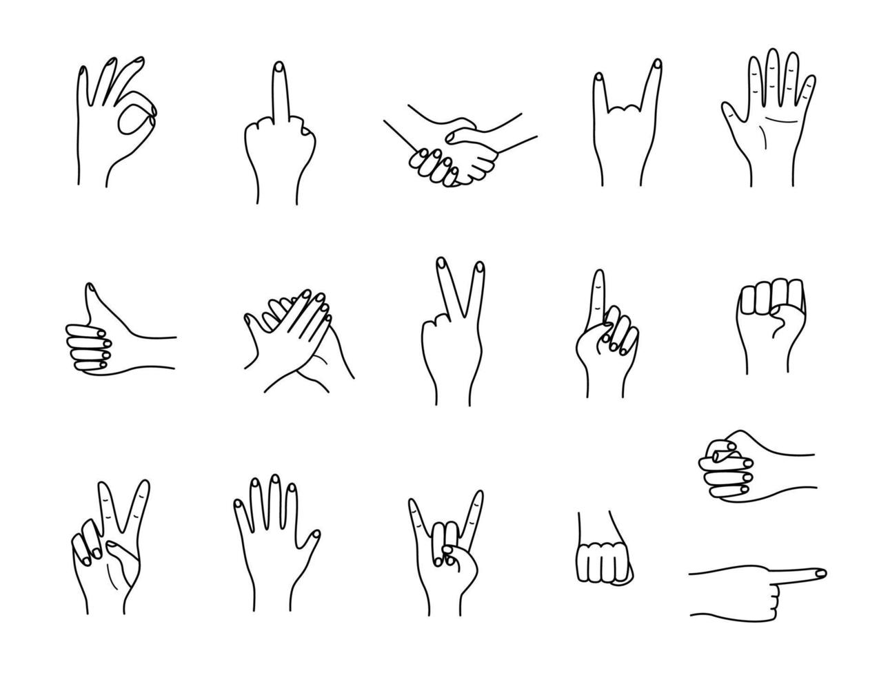 Hand gestures, vector illustration set of icons of various hand signs thin lines