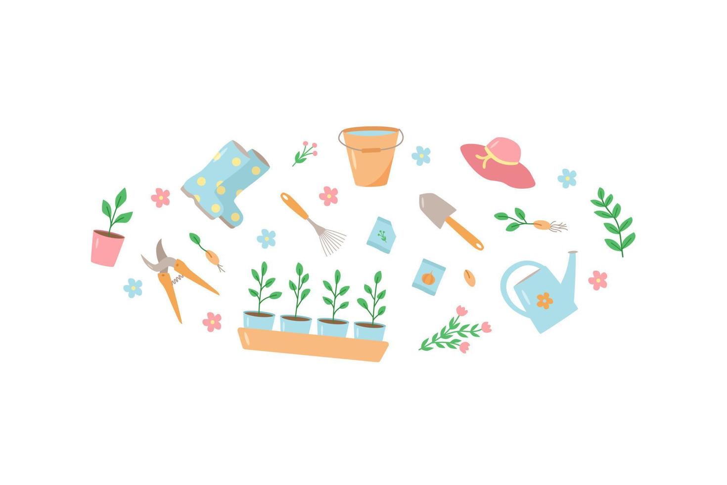 herramientas y plantas de jardín, un conjunto de ilustraciones de garabatos vectoriales. concepto de jardinería, un pasatiempo de verano vector