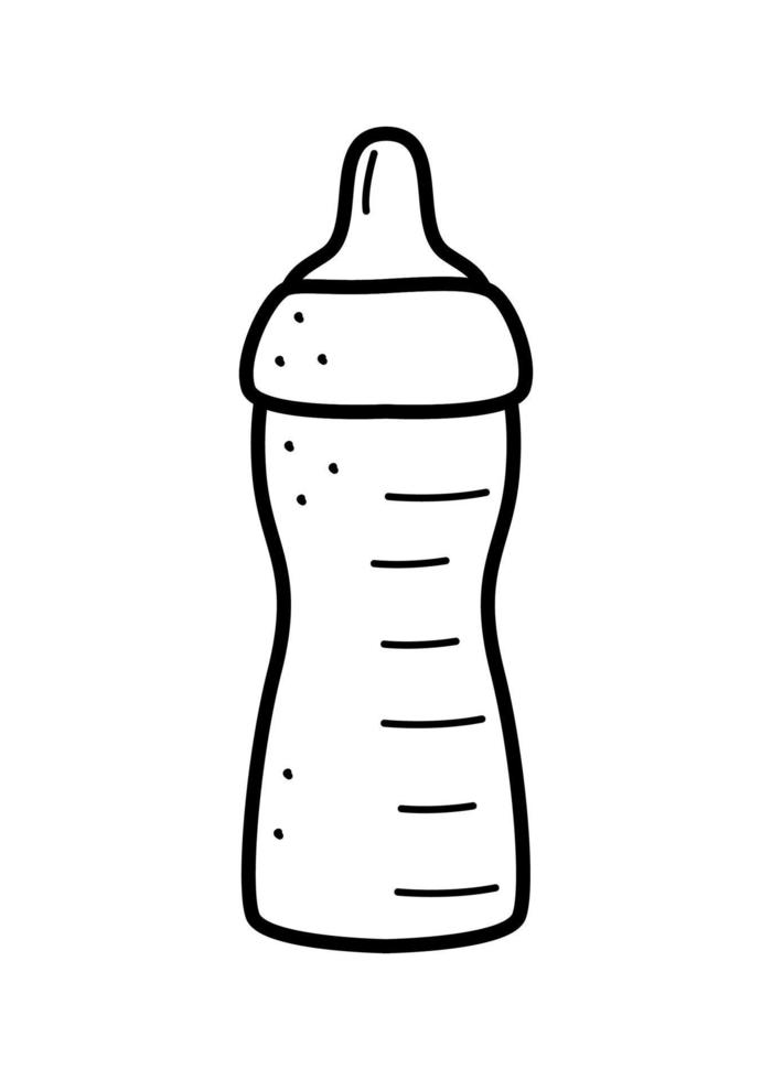 Baby cartoon bottle with a pacifier. Vector doodle illustration of a bottle for feeding a newborn.