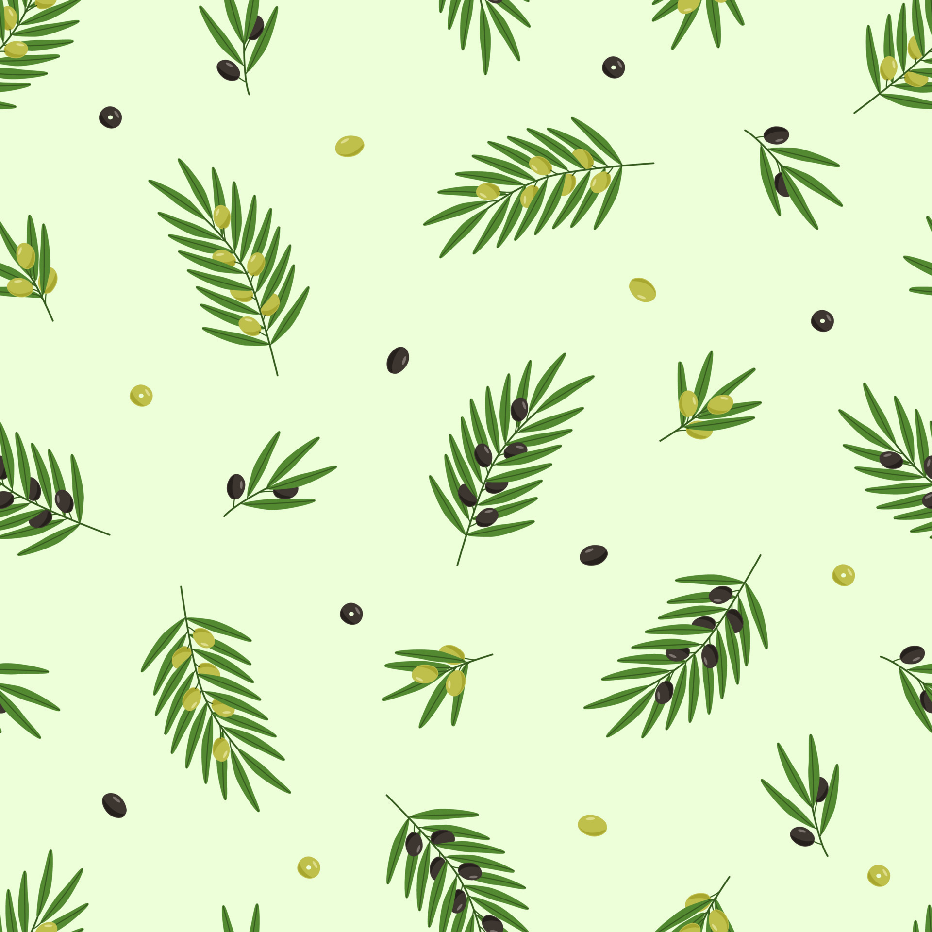 Seamless pattern of olive tree twigs and leaves and olive berries