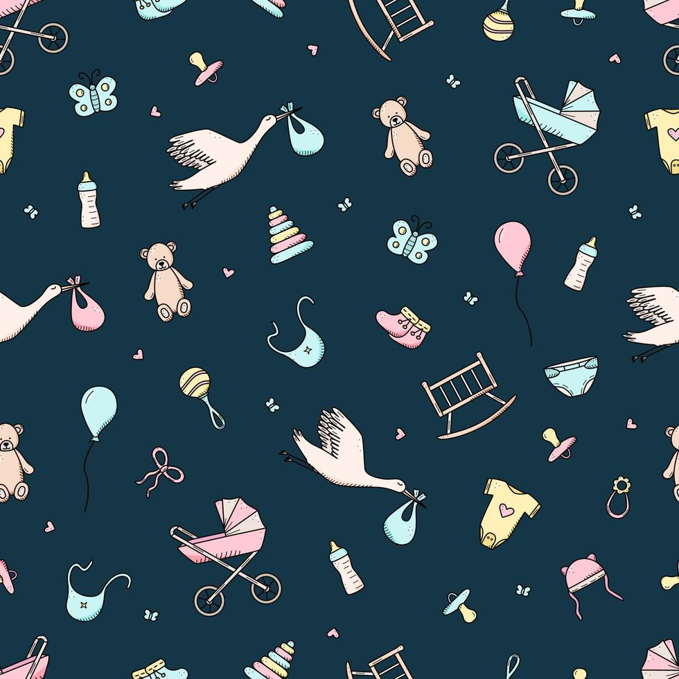 Seamless Pattern Newborn icons set. Vector illustration of elements for a little baby. baby stroller, baby work, rattles and teddy bear and much more,