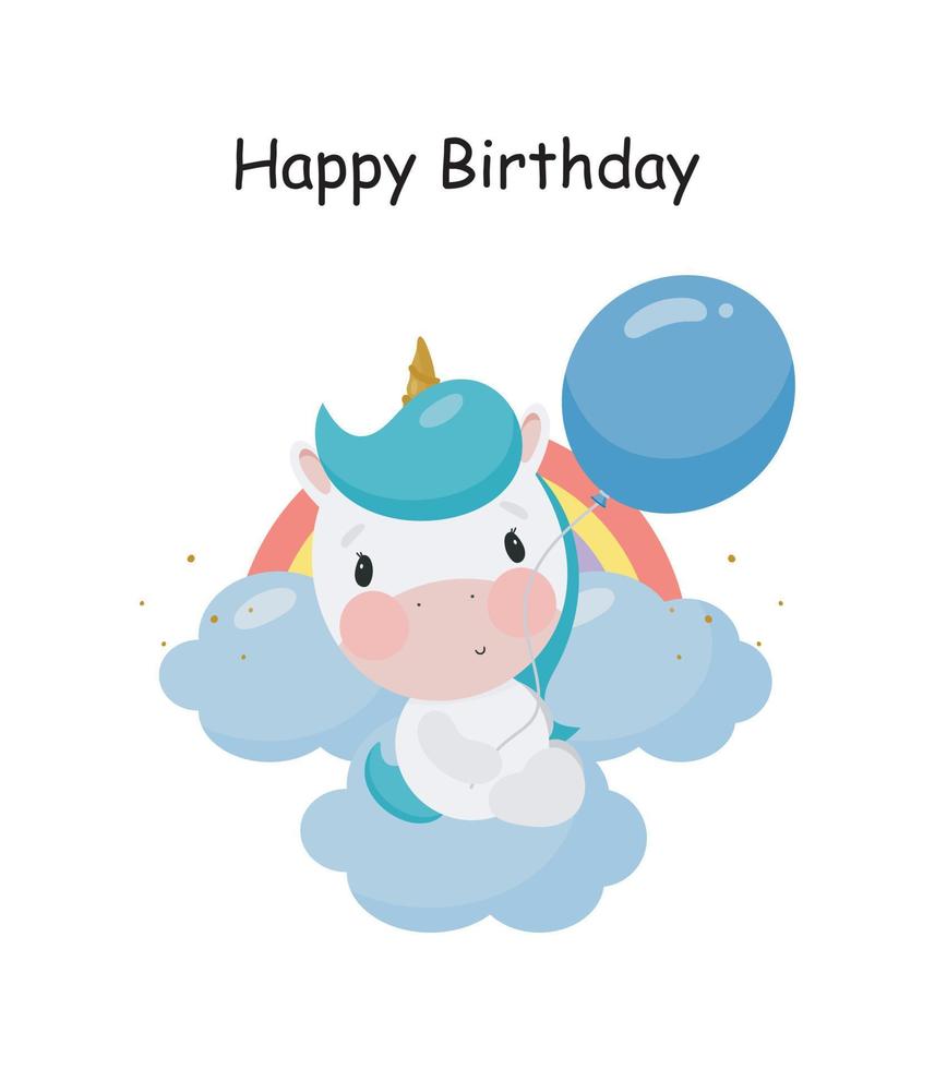 Magic Unicorn with balloon. Cartoon style. Vector illustration. For kids stuff, card, posters, banners, children books, printing on the pack, printing on clothes, fabric, wallpaper, textile or dishes.