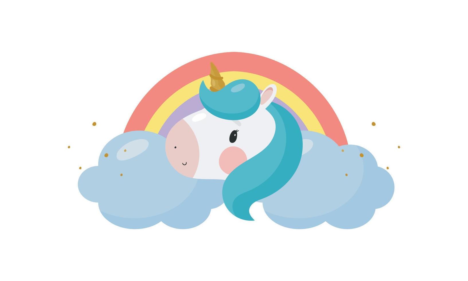 unicornio mágico y arcoiris. estilo de dibujos animados ilustración vectorial para cosas de niños, tarjetas, carteles, pancartas, libros para niños, impresión en el paquete, impresión en ropa, tela, papel pintado, textil o platos. vector