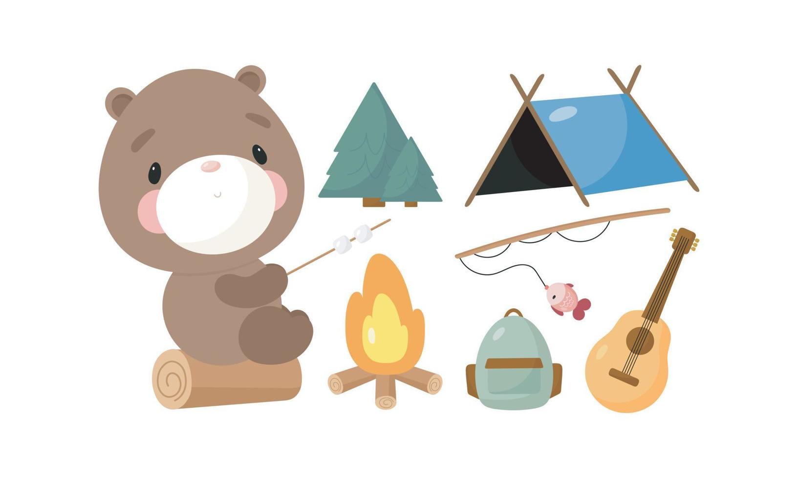 Vector set of camping elements and cute bear that roasts marshmallows. Illustration in cartoon style.