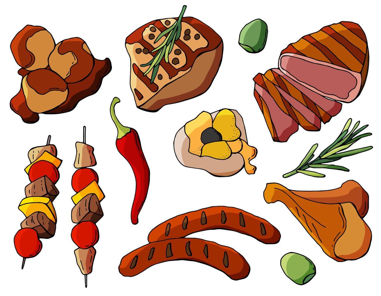 conjunto dibujado a mano de diferentes tipos de carne vector