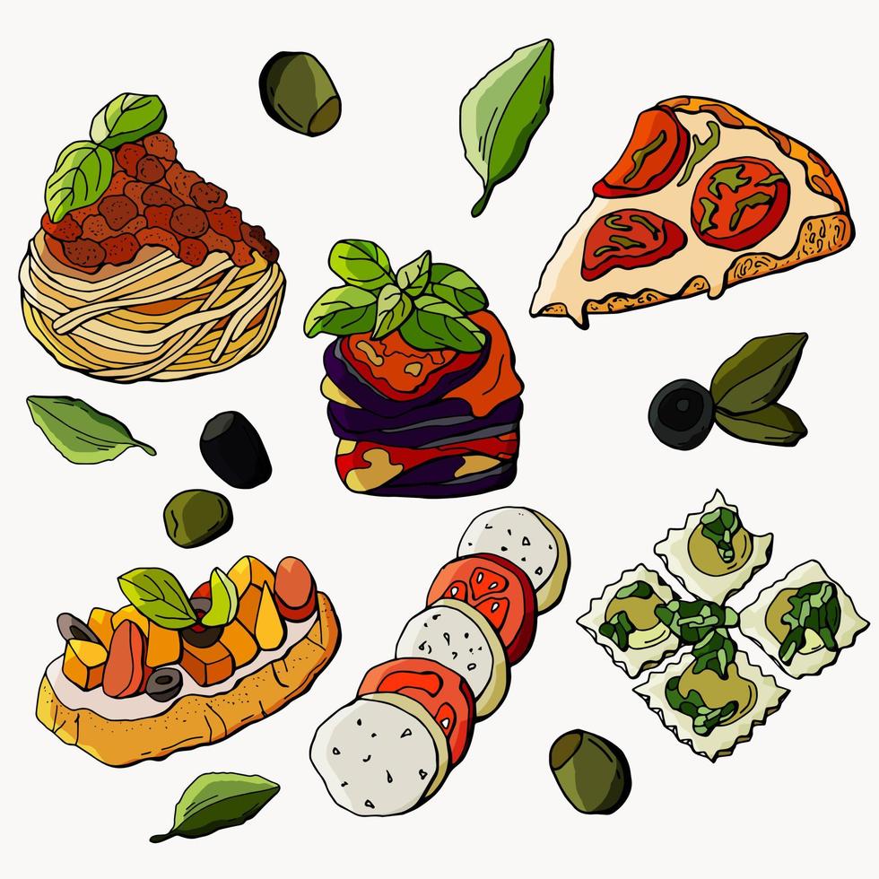 Italian cuisine. Bruschetta, pizza, ravioli, parmigiano, caprese, carbonara. vector