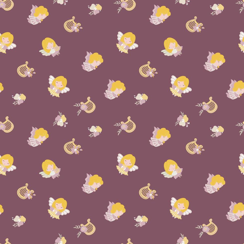 Seamless pattern with angels, harps and flowers. Design for fabric, textile, wallpaper, packaging. vector
