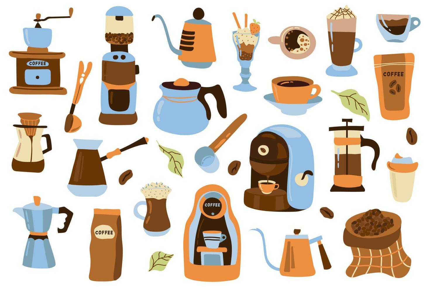 Big hand drawn coffee set. White background, isolate. Vector illustration.