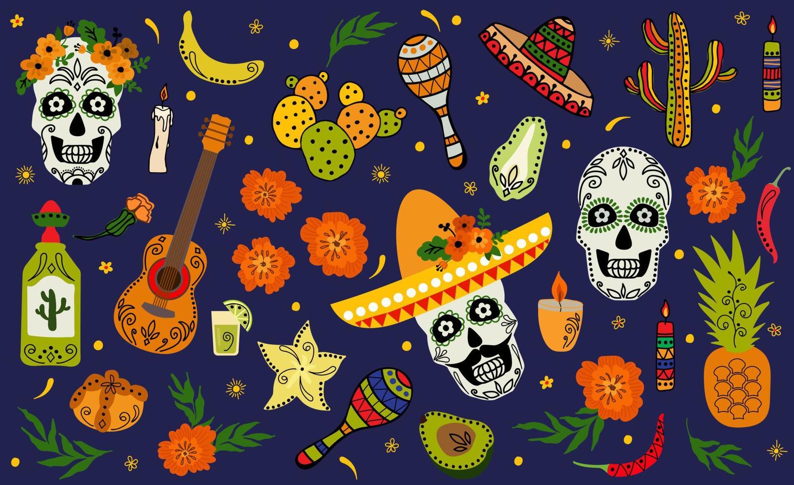 Hand-drawn set for the holiday Dia De Los Muertos. vector