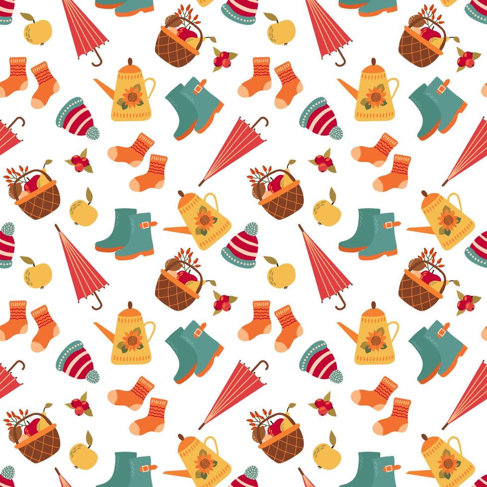 Cute hand-drawn seamless pattern with autumn elements. vector