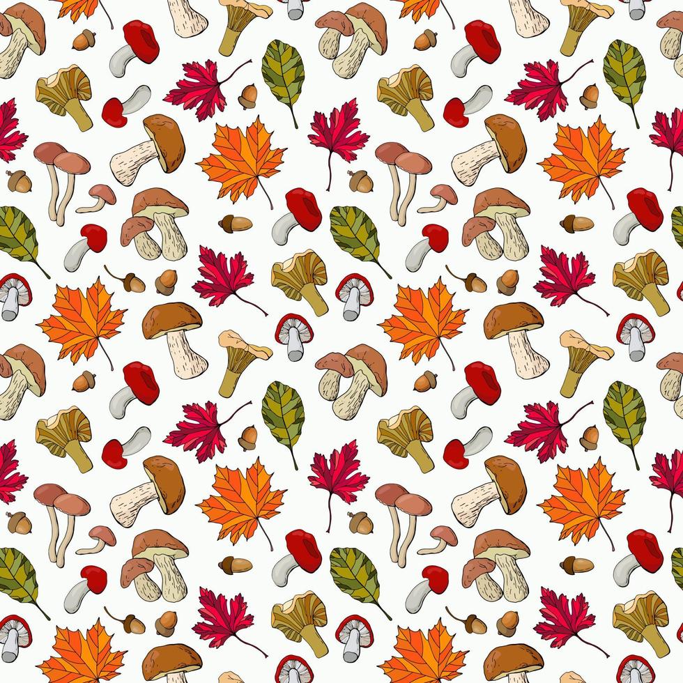 Autumn seamless pattern with mushrooms, acorns, chestnuts and leaves. vector