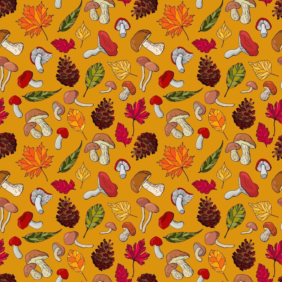 Autumnal seamless pattern with mushrooms, acorns, pine cones and leaves. vector