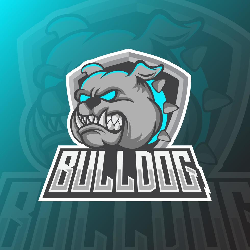 diseño del logo deportivo de la mascota bulldog. logotipo de ilustración de vector de mascota de cabeza de perro. diseño de mascota de bulldog salvaje, diseño de emblema para el equipo de esports. ilustración vectorial