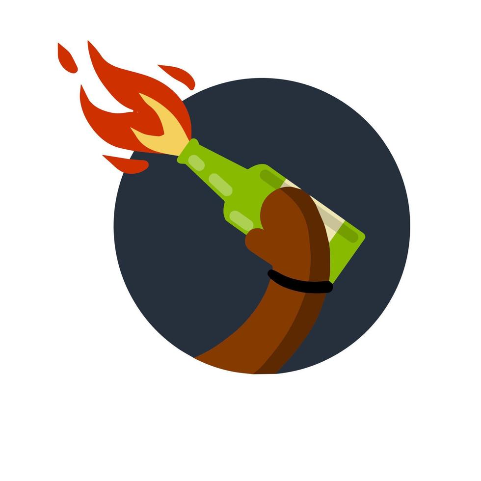 Molotov cocktail. Fire and bottle. Propellant Bomb and Napalm. African-American holds in hand Weapon of revolt and protest. The rebel symbol and riot. vector