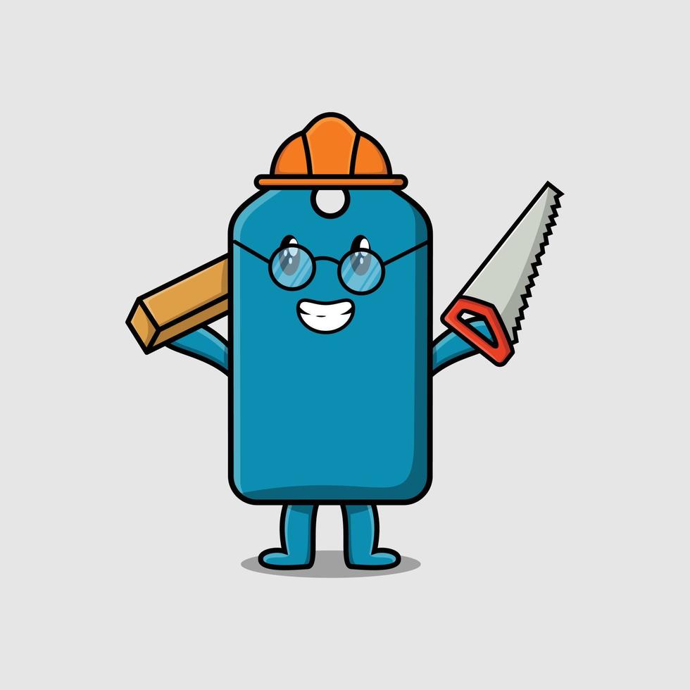 cartoon price tag as carpenter with saw and wood vector