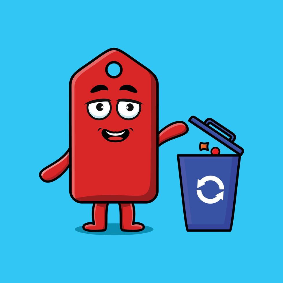 Cute cartoon price tag throwing trash in the trash vector