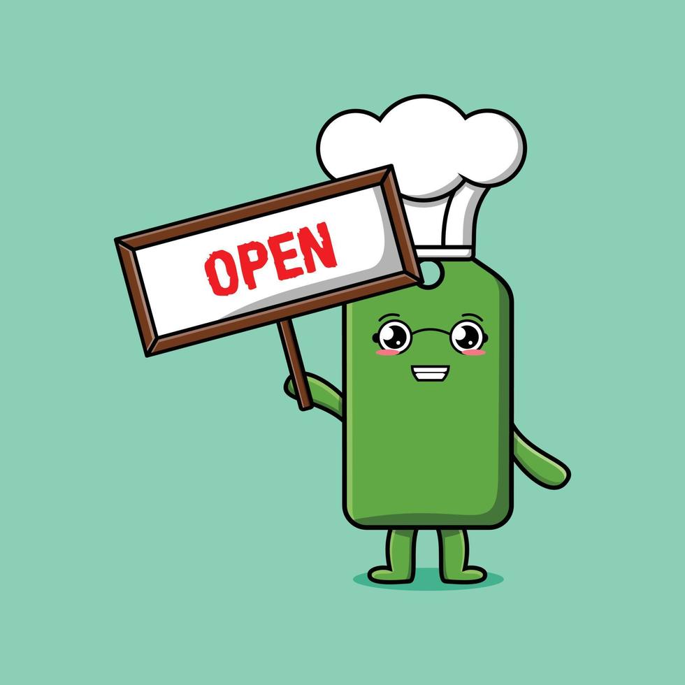 Cute cartoon price tag holding open sign board vector