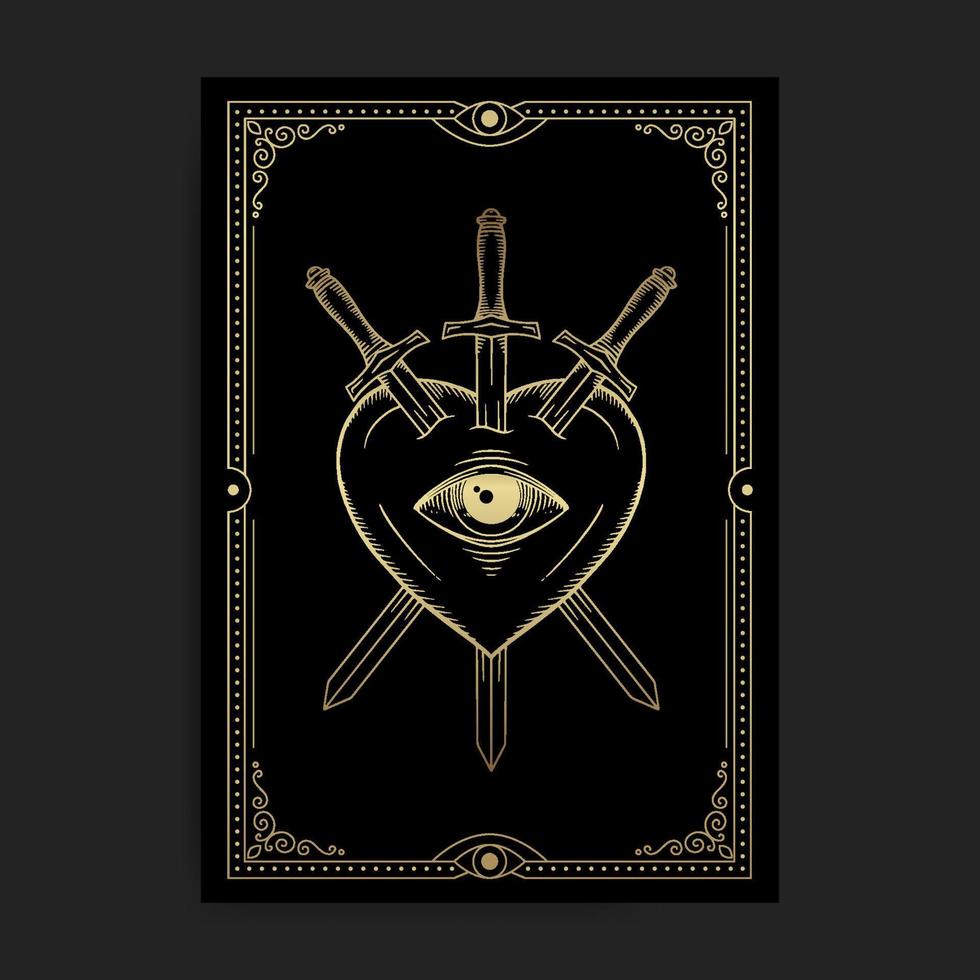 Heart with three swords and one eye in golden engraving style vector