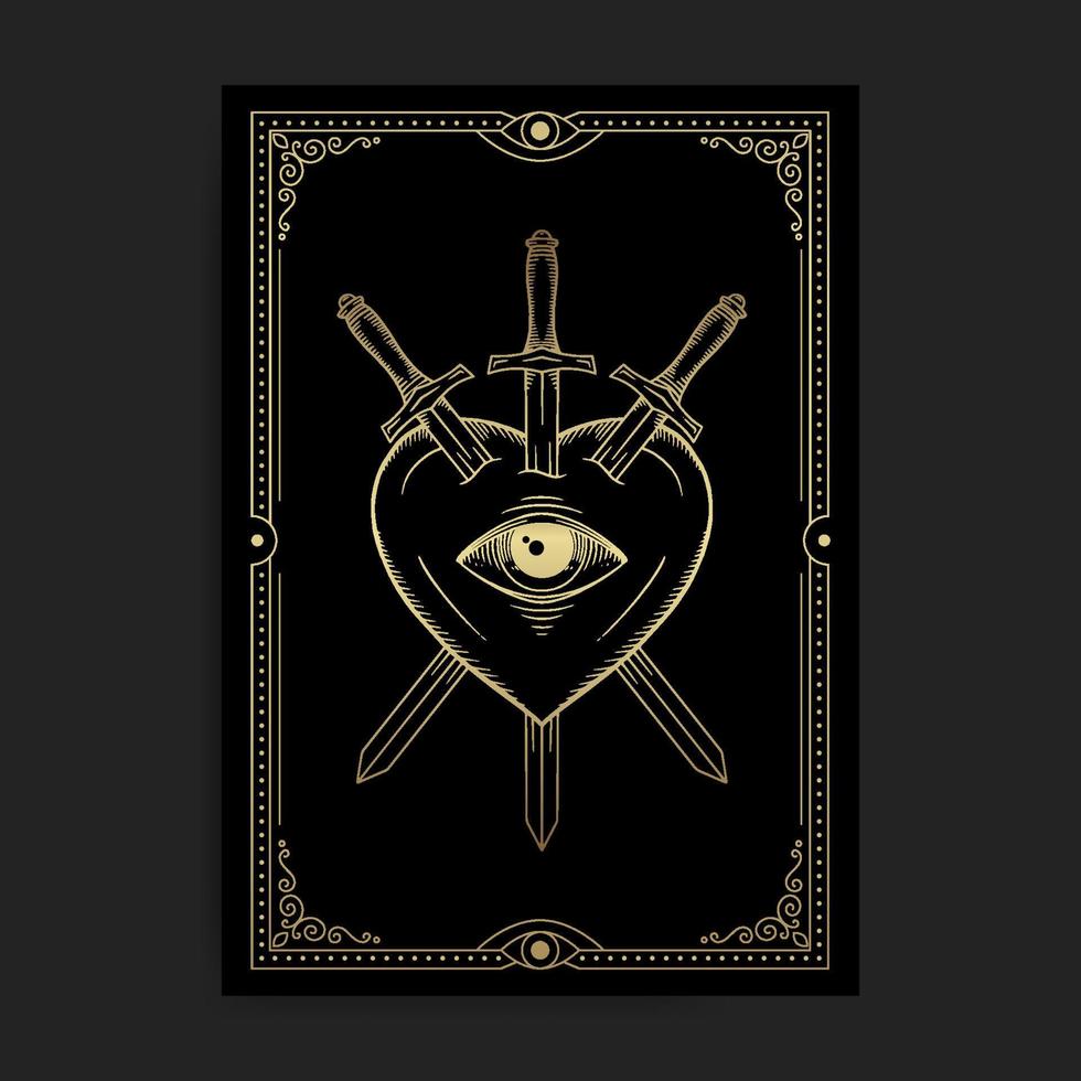 corazón con tres espadas y un ojo en estilo grabado dorado vector