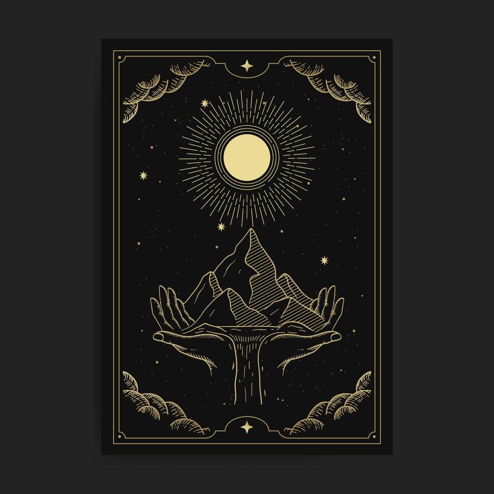 Mystical mountain in the sky held by a giant hand in golden engraving style vector