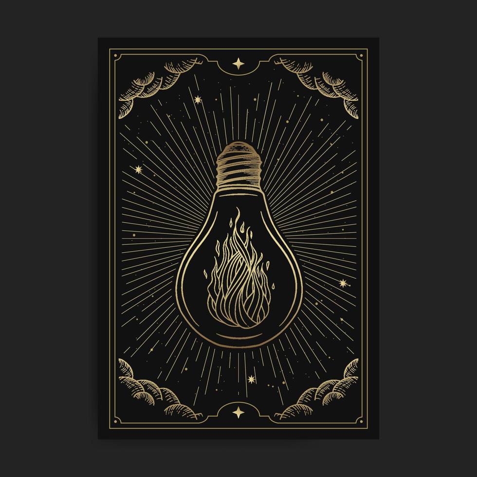 Mystical fire in a neon lamp in golden engraving style vector