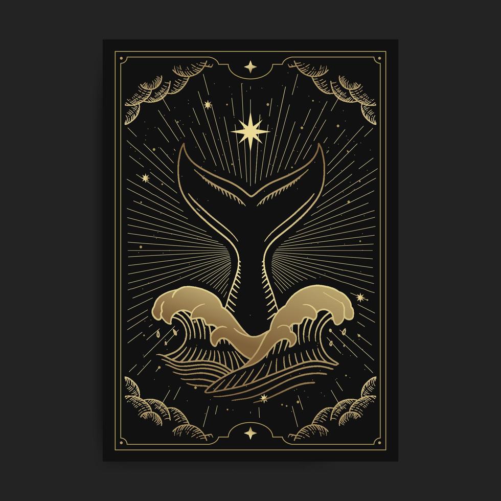 Whale tail in the ocean with star and big waves in golden engraving style vector