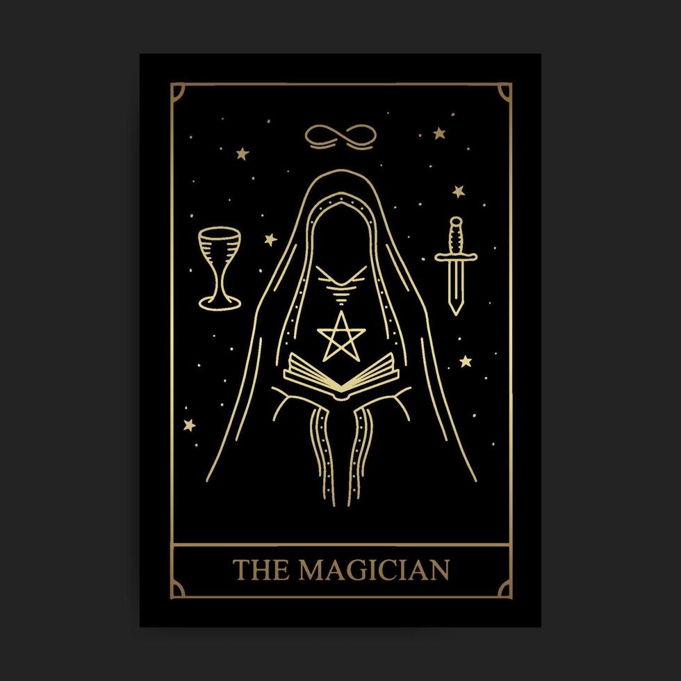 The magician major arcana tarot card in golden hand drawn style vector