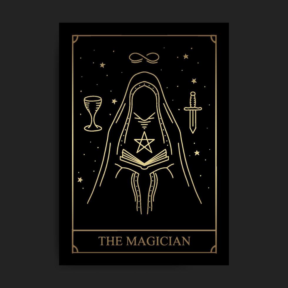 la carta del tarot arcana mayor del mago en estilo dorado dibujado a mano vector