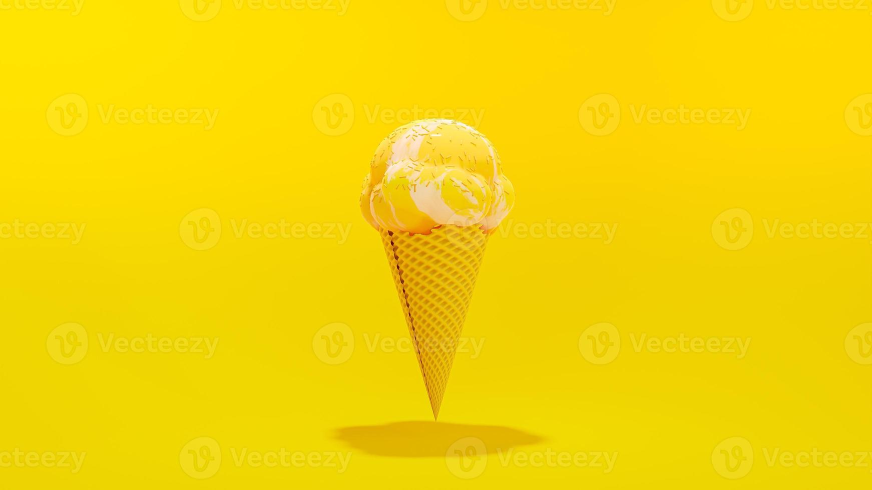 yellow ice cream cone on yellow background. Minimal idea concept. photo