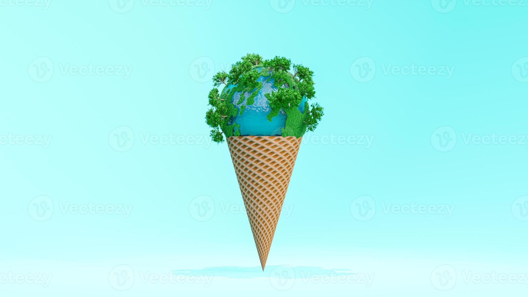 Globe full of grass on ice cream cone. on Blue background. Global warming and minimal idea concept. photo