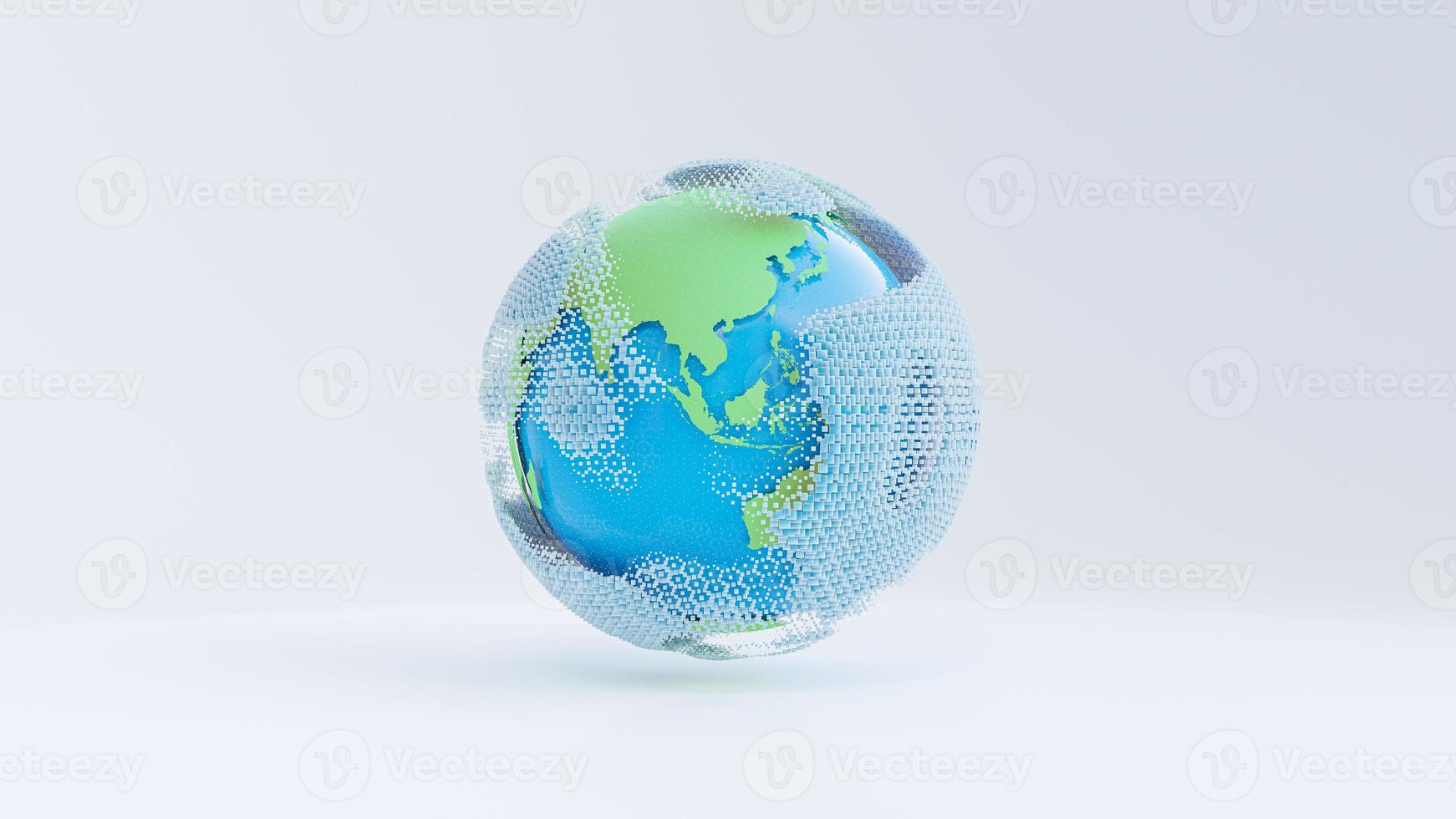 Green and blue globe is surrounded by network of pastel blue square. on white background. photo