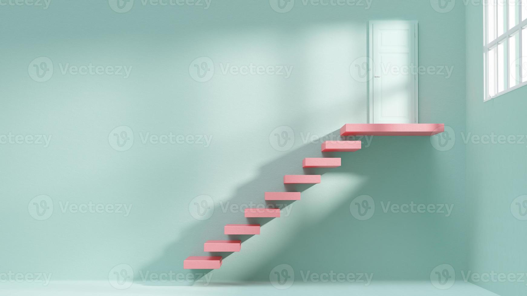 Pink pastel Stairs in building. side window light.  green pastel room background. photo
