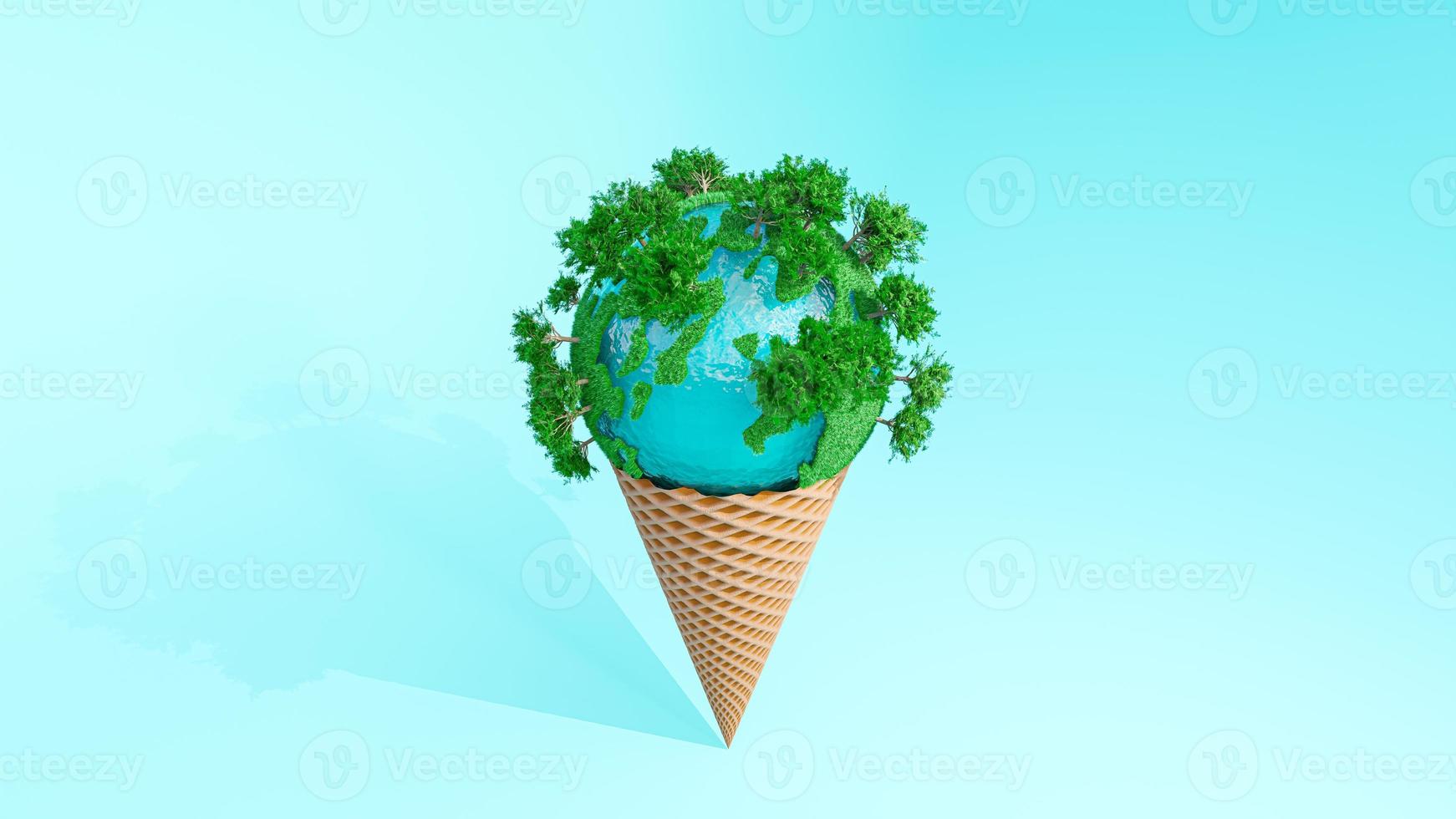 Globe full of grass on ice cream cone. on Blue background. Global warming and minimal idea concept photo